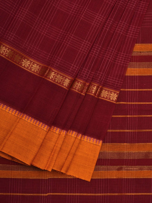 Maroon Narayanpet Cotton Handloom Plain Saree with Checks Design No Blouse np0559
