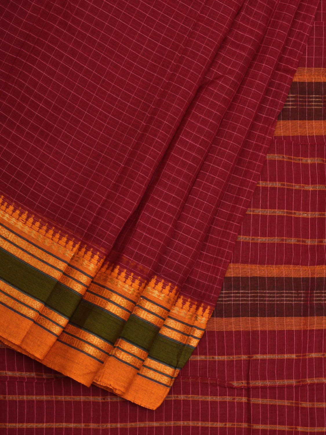 Maroon Narayanpet Cotton Handloom Saree with Checks Design No Blouse np0567