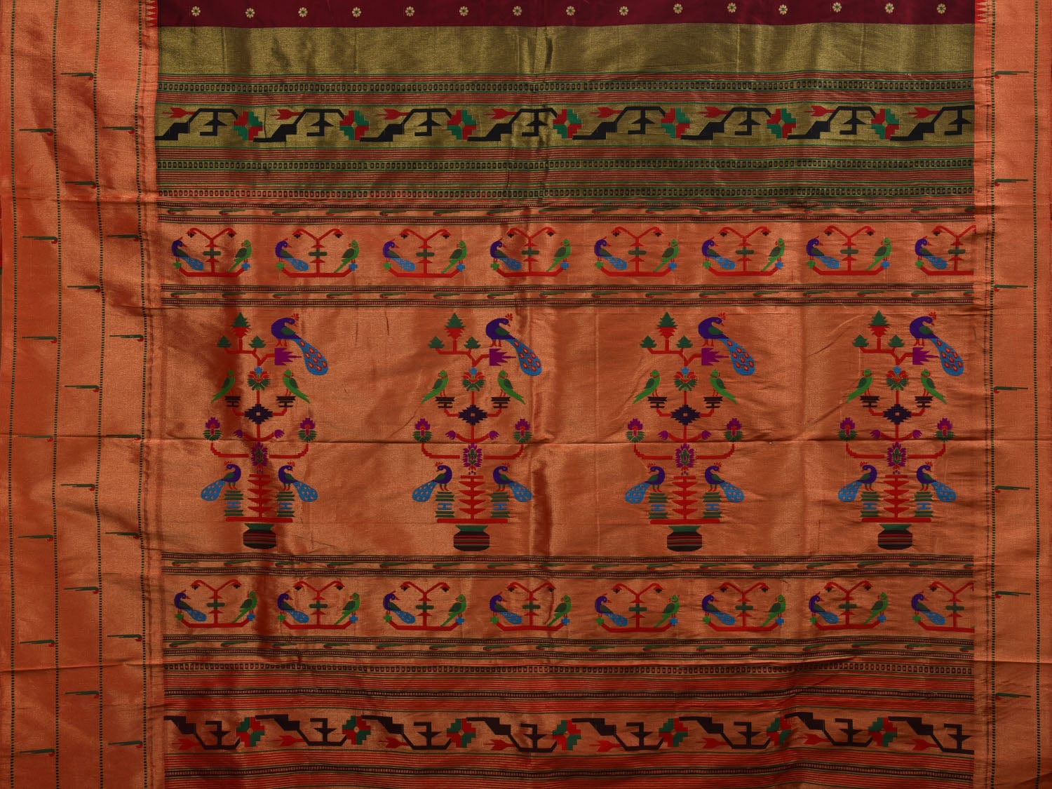 Maroon Paithani Silk Handloom Saree with Triple Muniya Border Design p0438