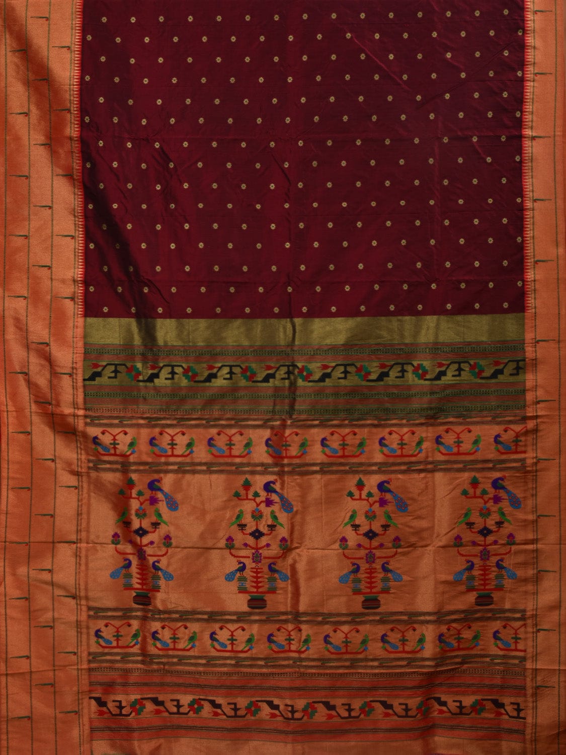 Maroon Paithani Silk Handloom Saree with Triple Muniya Border Design p0438