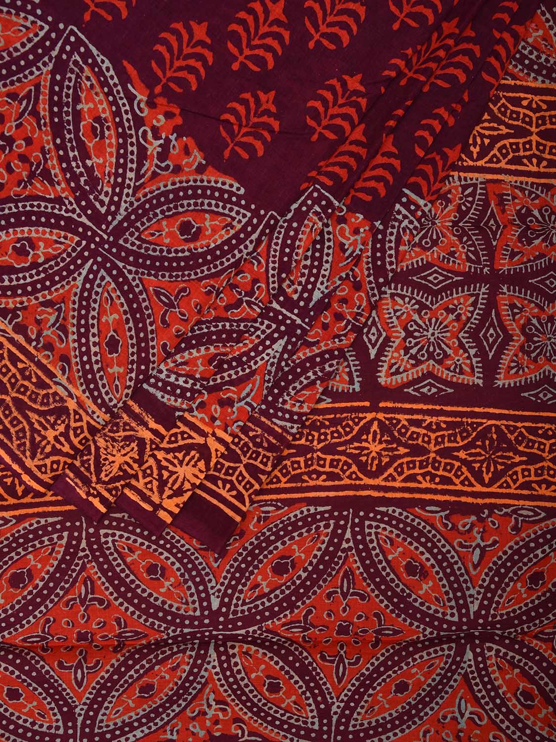 Maroon Pedana Block Print Kalmkari Cotton Saree with Buta, Border and Pallu Design o0533