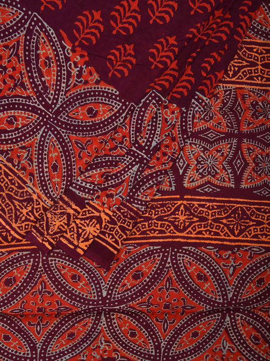 Maroon Pedana Block Print Kalmkari Cotton Saree with Buta, Border and Pallu Design o0533