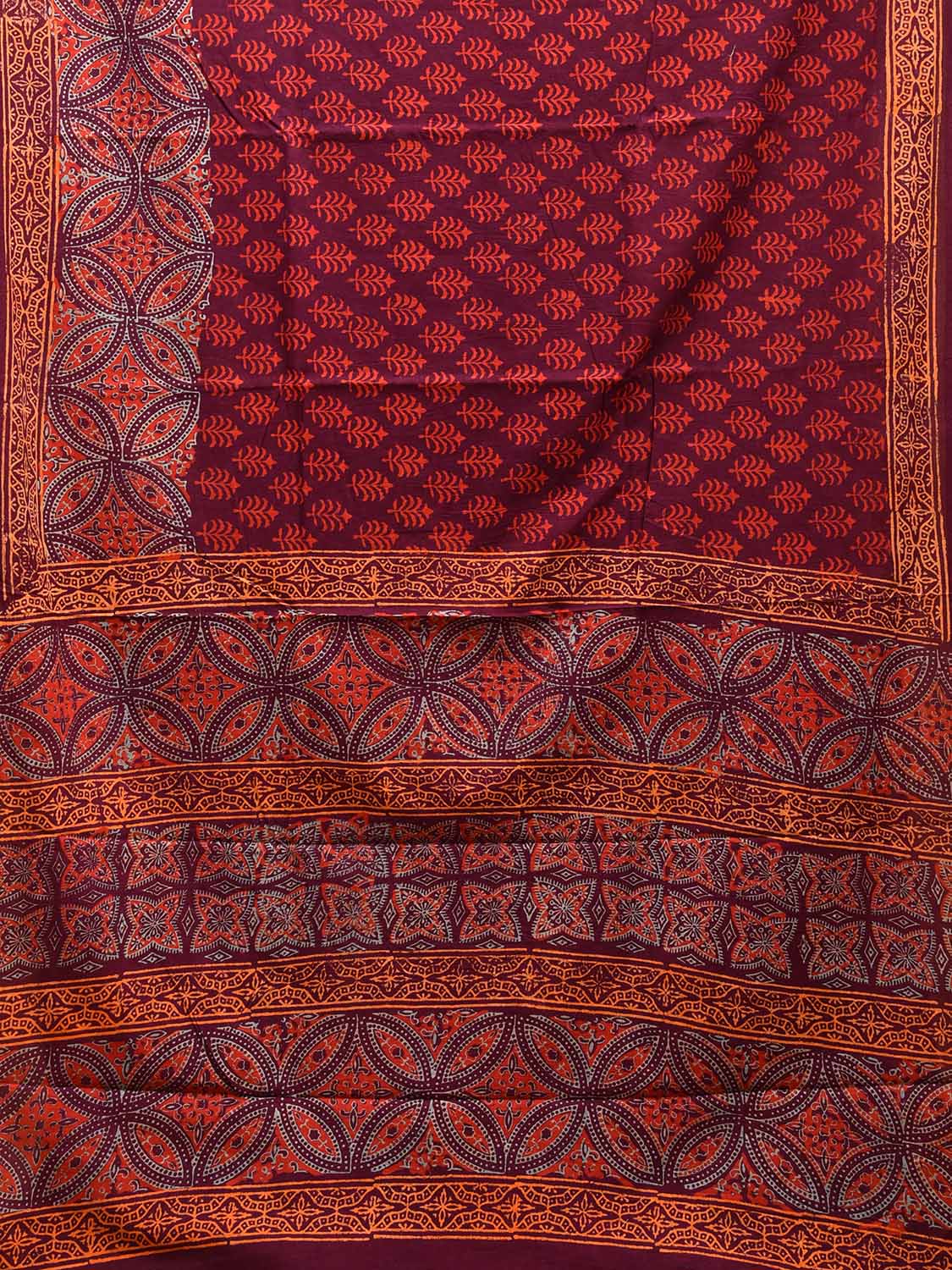 Maroon Pedana Block Print Kalmkari Cotton Saree with Buta, Border and Pallu Design o0533