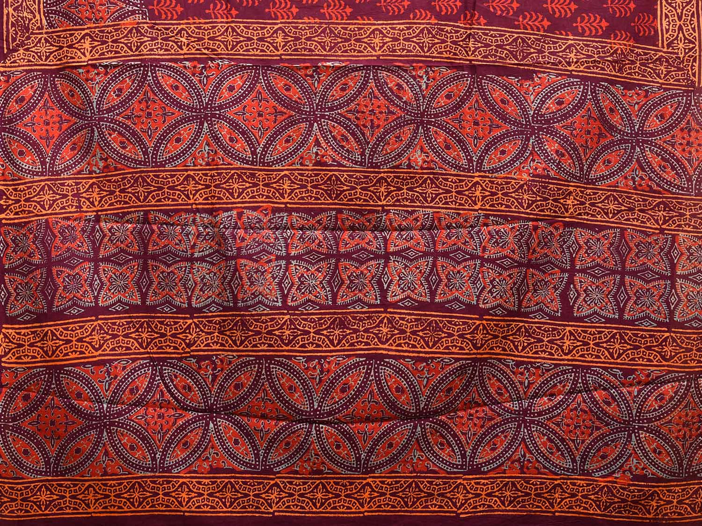 Maroon Pedana Block Print Kalmkari Cotton Saree with Buta, Border and Pallu Design o0533