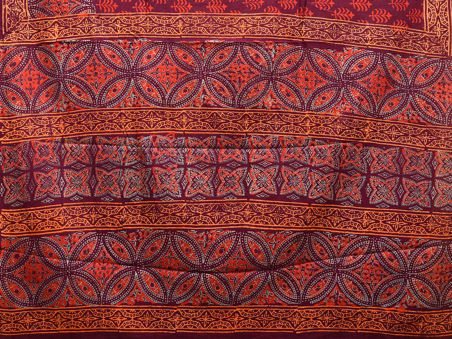 Maroon Pedana Block Print Kalmkari Cotton Saree with Buta, Border and Pallu Design o0533