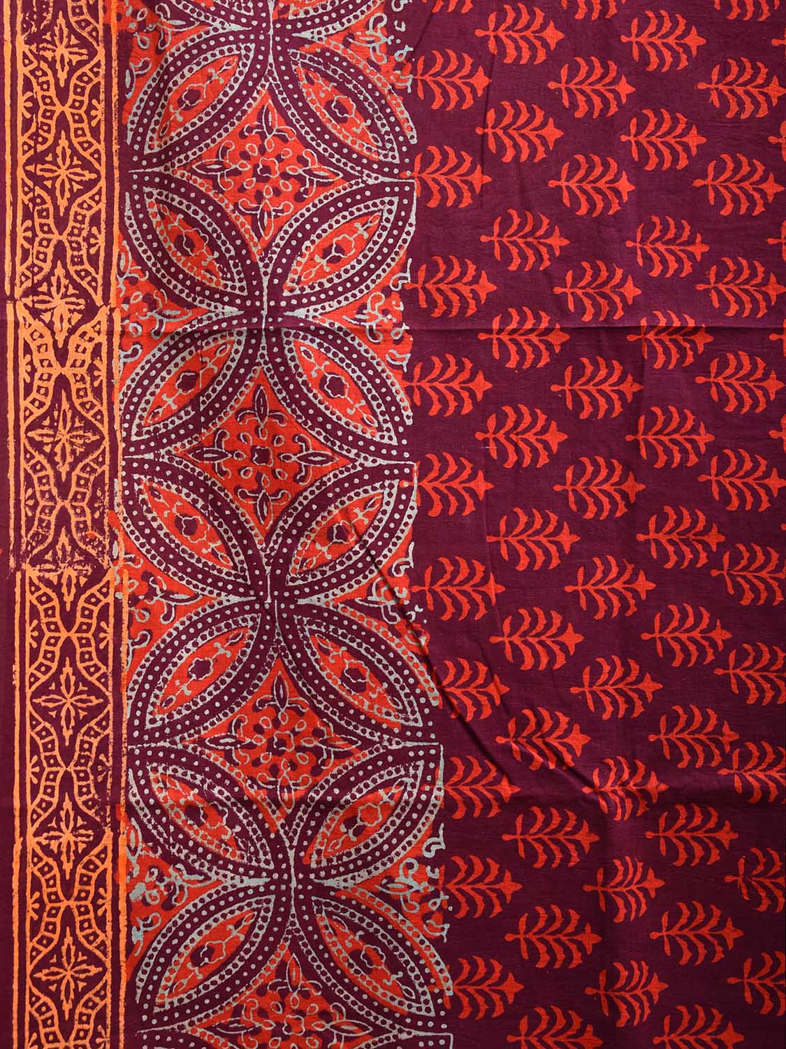 Maroon Pedana Block Print Kalmkari Cotton Saree with Buta, Border and Pallu Design o0533