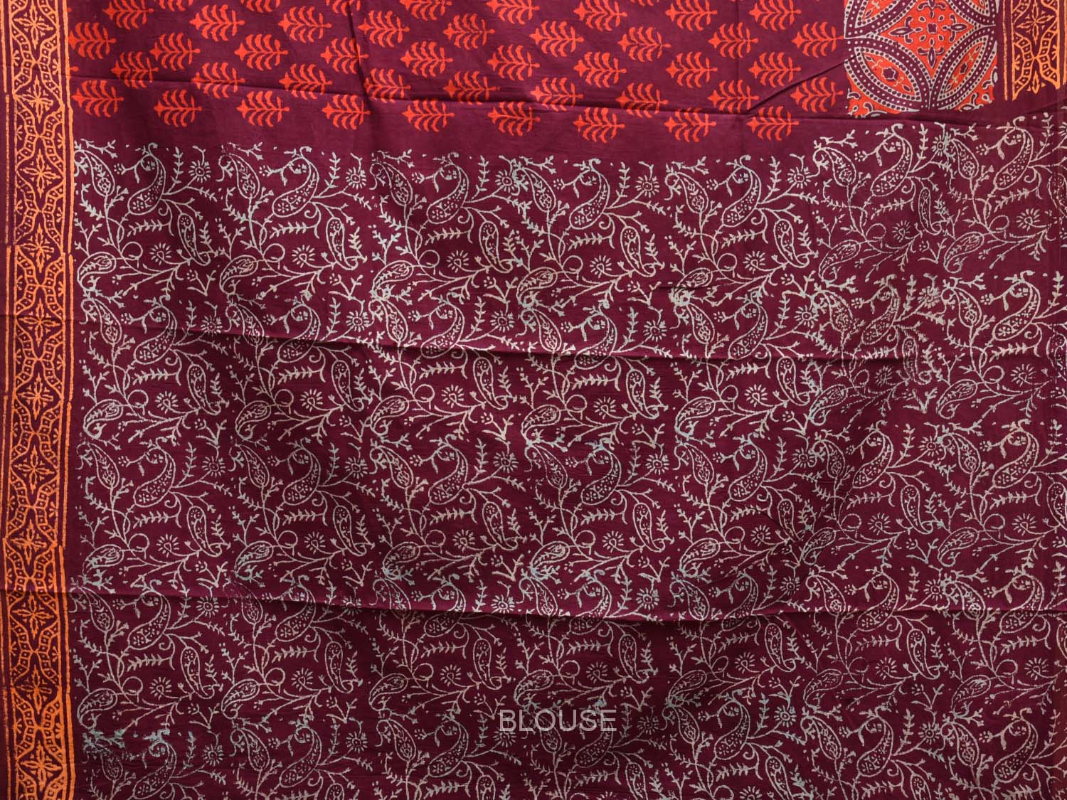 Maroon Pedana Block Print Kalmkari Cotton Saree with Buta, Border and Pallu Design o0533