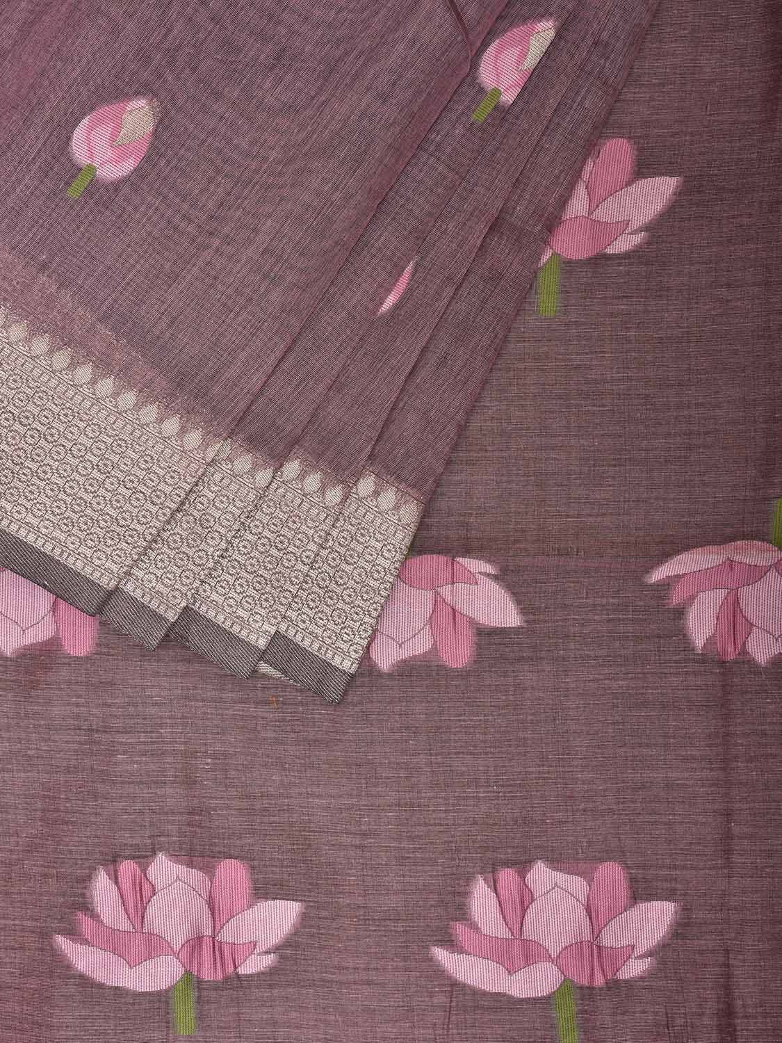 Mauve Dhakai Jamdani Cotton Viscose Saree with Lotus Flowers Pallu and Buta Design dj0088