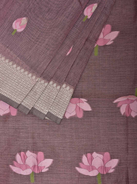 Mauve Dhakai Jamdani Cotton Viscose Saree with Lotus Flowers Pallu and Buta Design dj0088