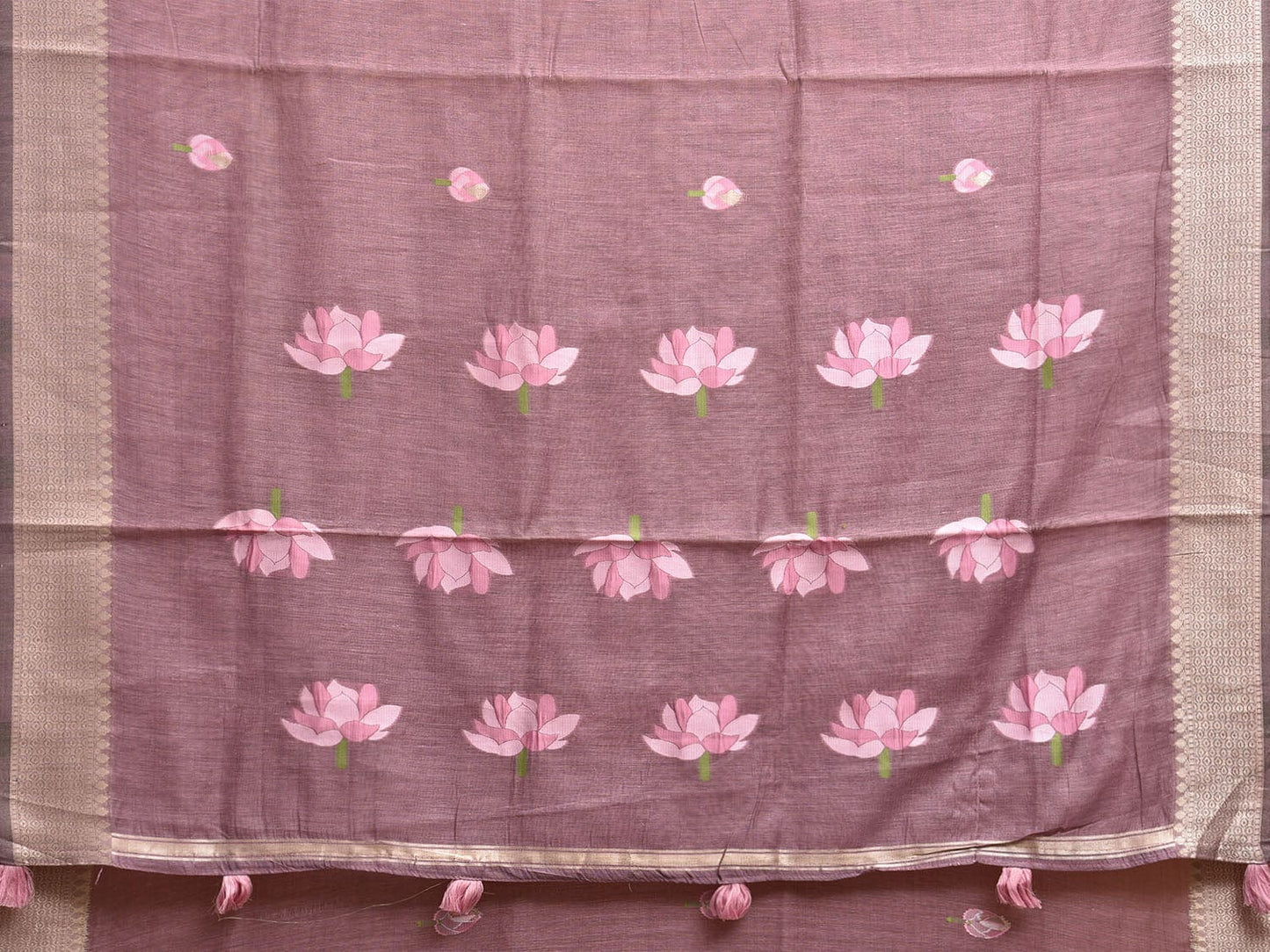 Mauve Dhakai Jamdani Cotton Viscose Saree with Lotus Flowers Pallu and Buta Design dj0088