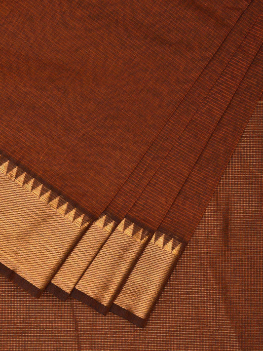 Rust Mangalgiri Cotton Handloom Saree with Strips and Small Temple Border Design No Blouse mn0072
