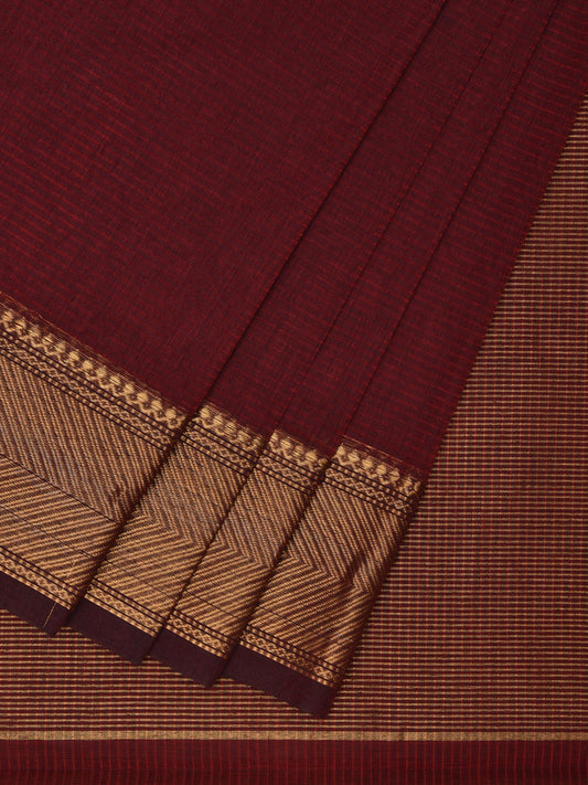 Maroon Mangalgiri Cotton Handloom Saree with Strips and Small Temple Border Design No Blouse mn0075