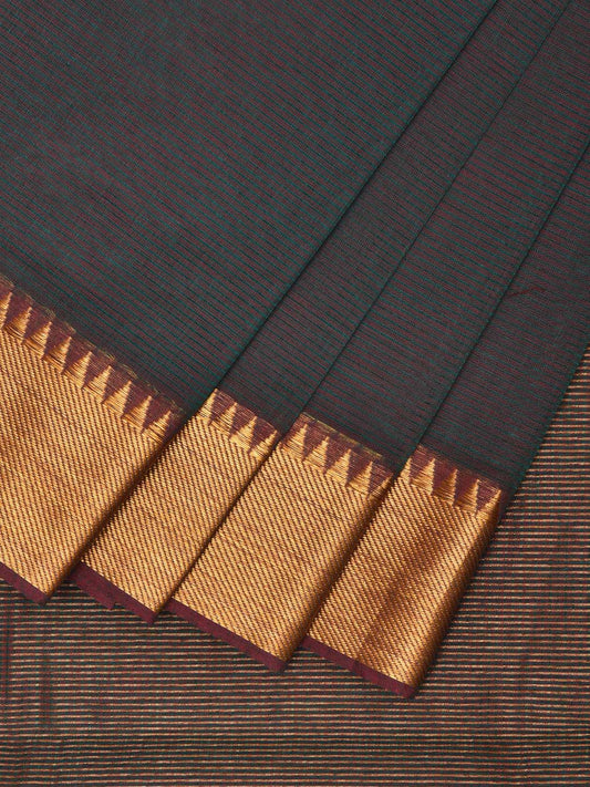 Green and Burdungy Mangalgiri Cotton Handloom Saree with Strips and Small Temple Border Design No Blouse mn0077