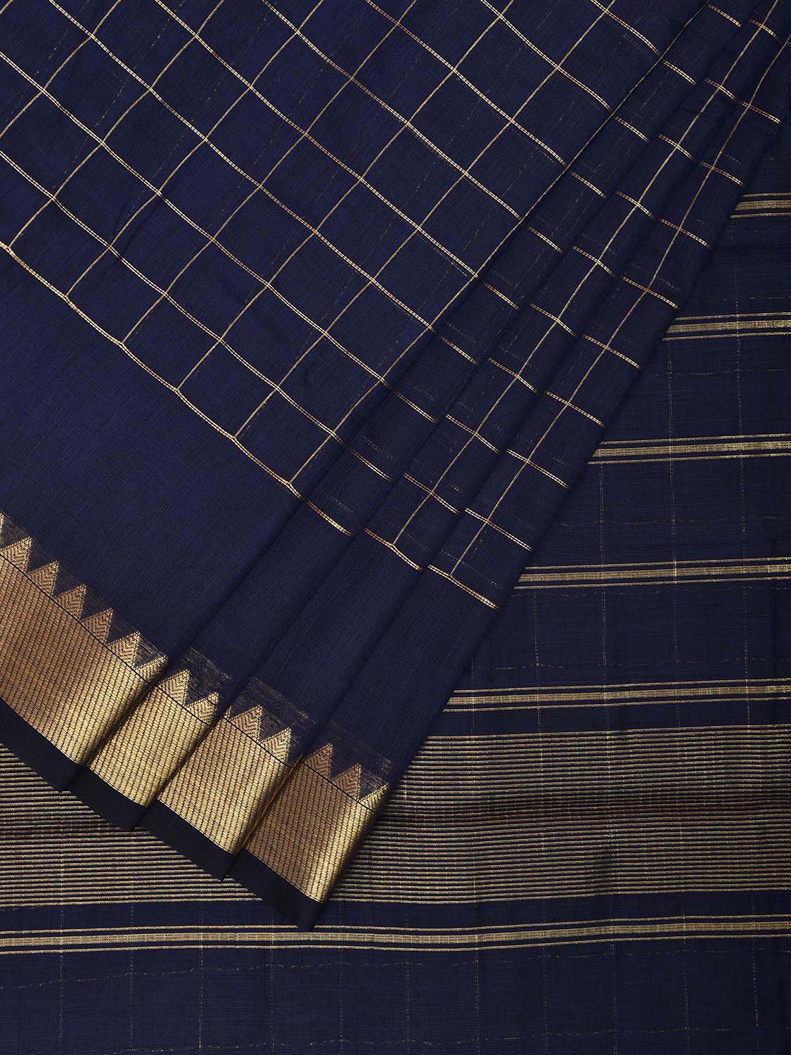 Navy Mangalgiri Cotton Saree with Checks and Strips Pallu Design mn0088