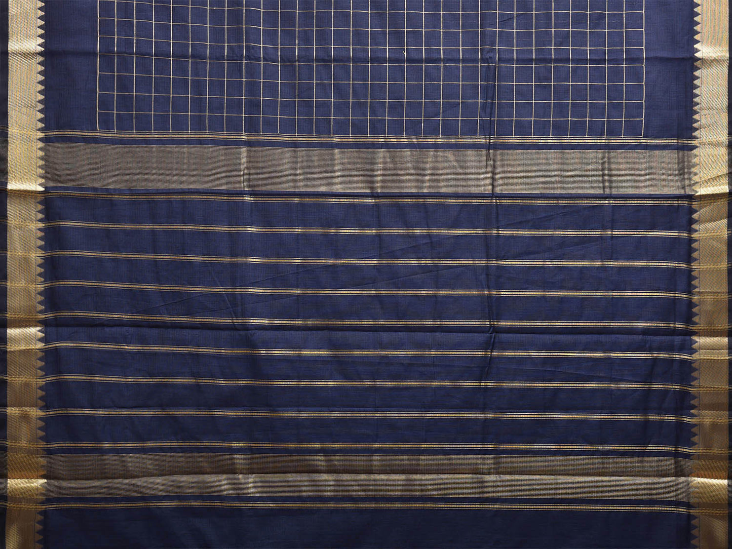 Navy Mangalgiri Cotton Saree with Checks and Strips Pallu Design mn0088