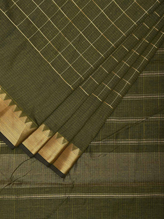 Olive Mangalgiri Cotton Saree with Checks and Strips Pallu Design mn0089