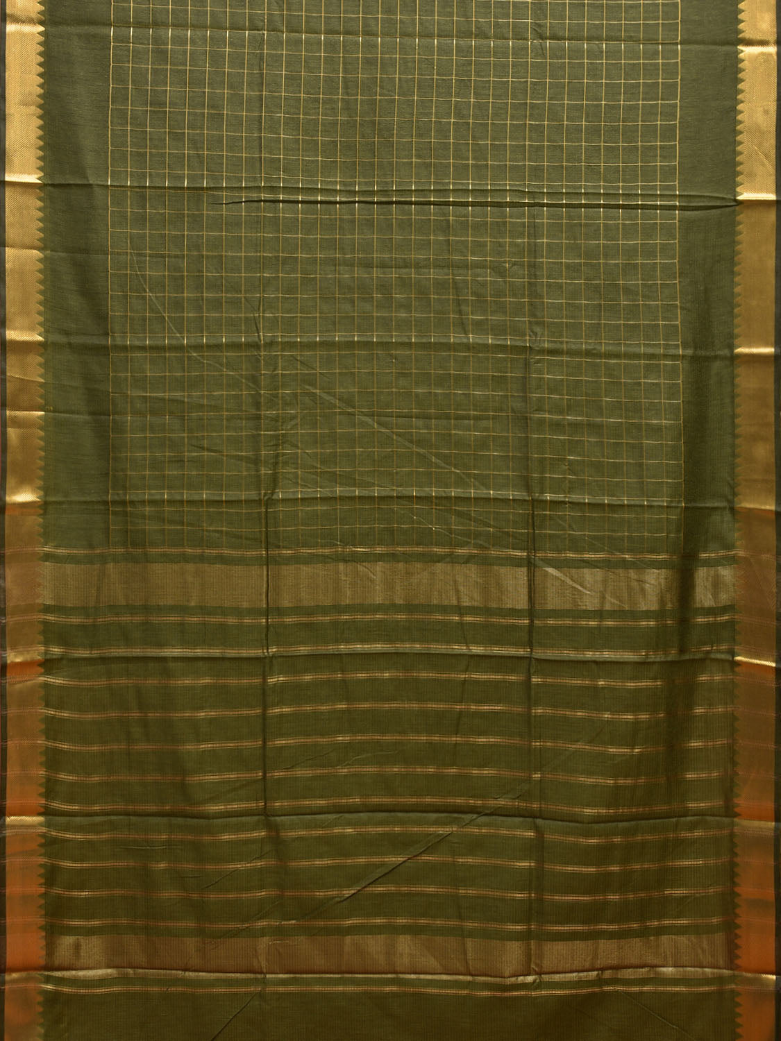 Olive Mangalgiri Cotton Saree with Checks and Strips Pallu Design mn0089