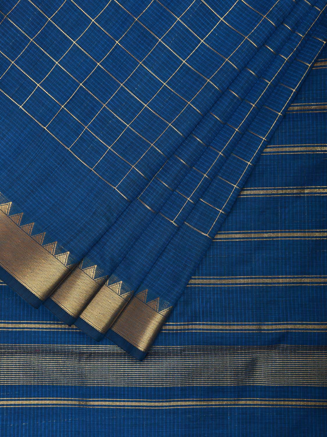Blue Mangalgiri Cotton Saree with Checks and Strips Pallu Design mn0090