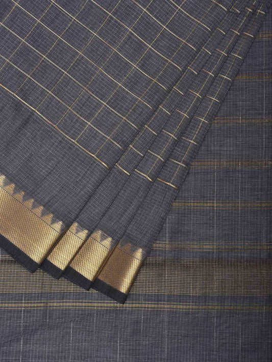 Grey Mangalgiri Cotton Saree with Checks and Strips Pallu Design mn0091
