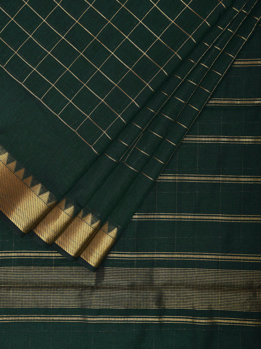 Dark Green Mangalgiri Cotton Saree with Checks and Strips Pallu Design mn0092