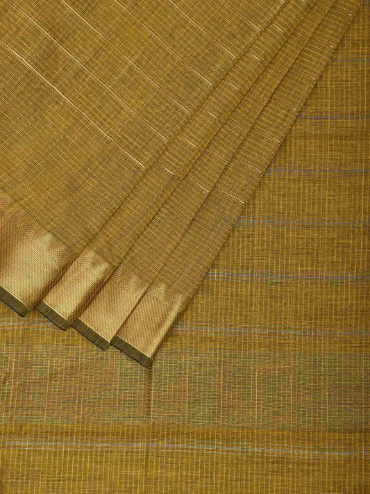 Mustard Mangalgiri Cotton Saree with Checks and Strips Pallu Design mn0093