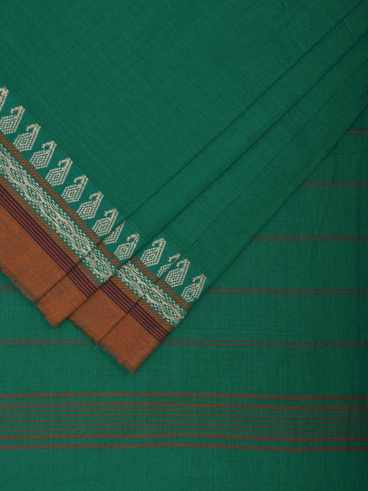 Green Mangalgiri Cotton Plain Saree with Border and Strips Pallu Design mn0094
