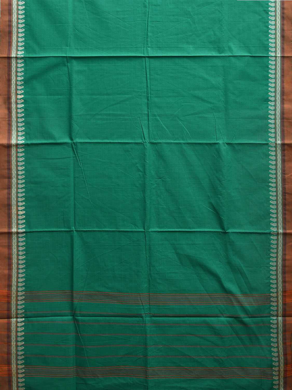 Green Mangalgiri Cotton Plain Saree with Border and Strips Pallu Design mn0094