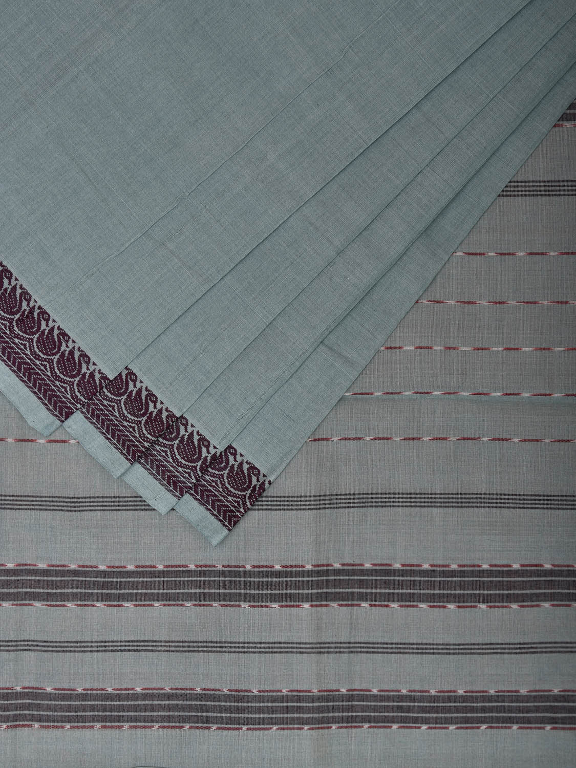 Light Grey Mangalgiri Cotton Plain Saree with Border and Strips Pallu Design mn0095