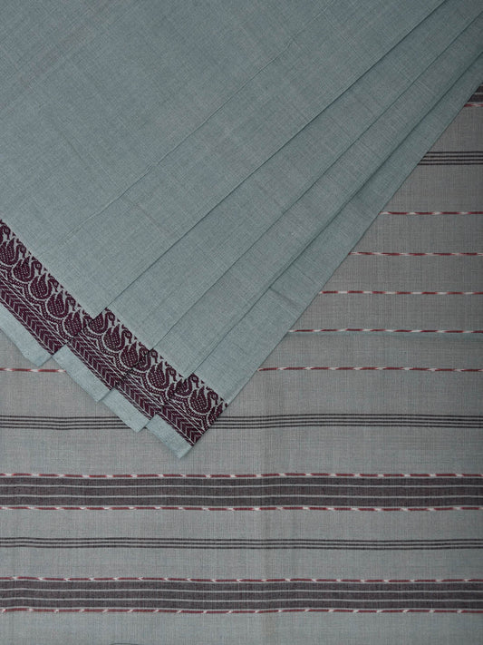 Light Grey Mangalgiri Cotton Plain Saree with Border and Strips Pallu Design mn0095