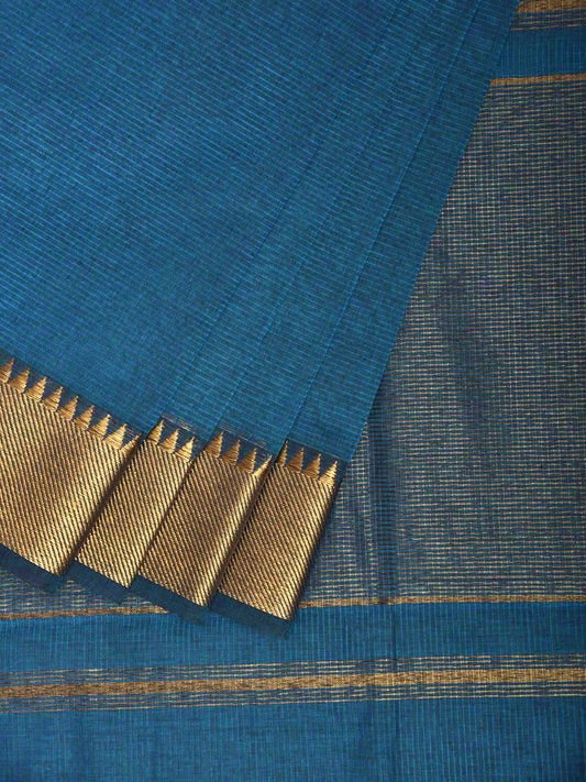 Blue Mangalgiri Cotton Handloom Saree with Strips and Small Temple Border Design No Blouse mn0111