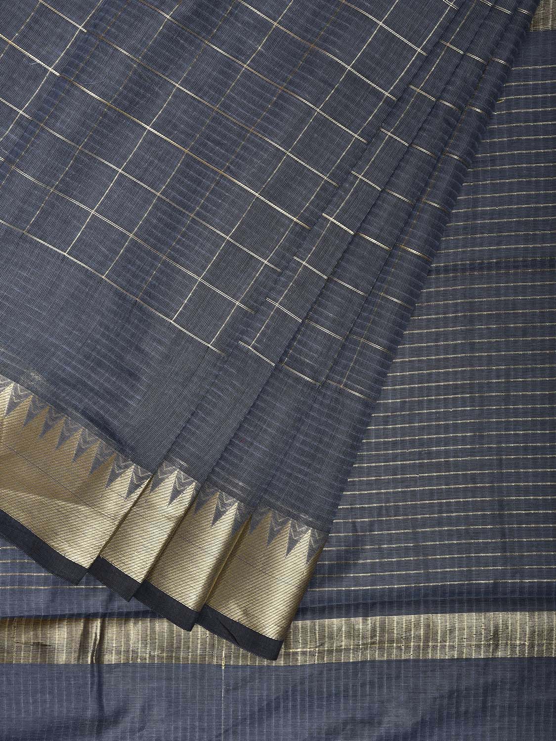 Grey Mangalgiri Cotton Handloom Saree with Checks and Temple Border Design mn0113