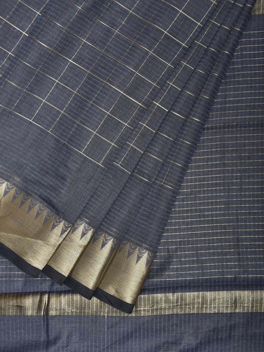 Grey Mangalgiri Cotton Handloom Saree with Checks and Temple Border Design mn0113