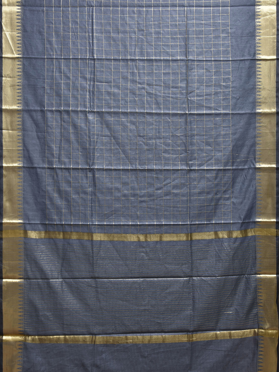 Grey Mangalgiri Cotton Handloom Saree with Checks and Temple Border Design mn0113