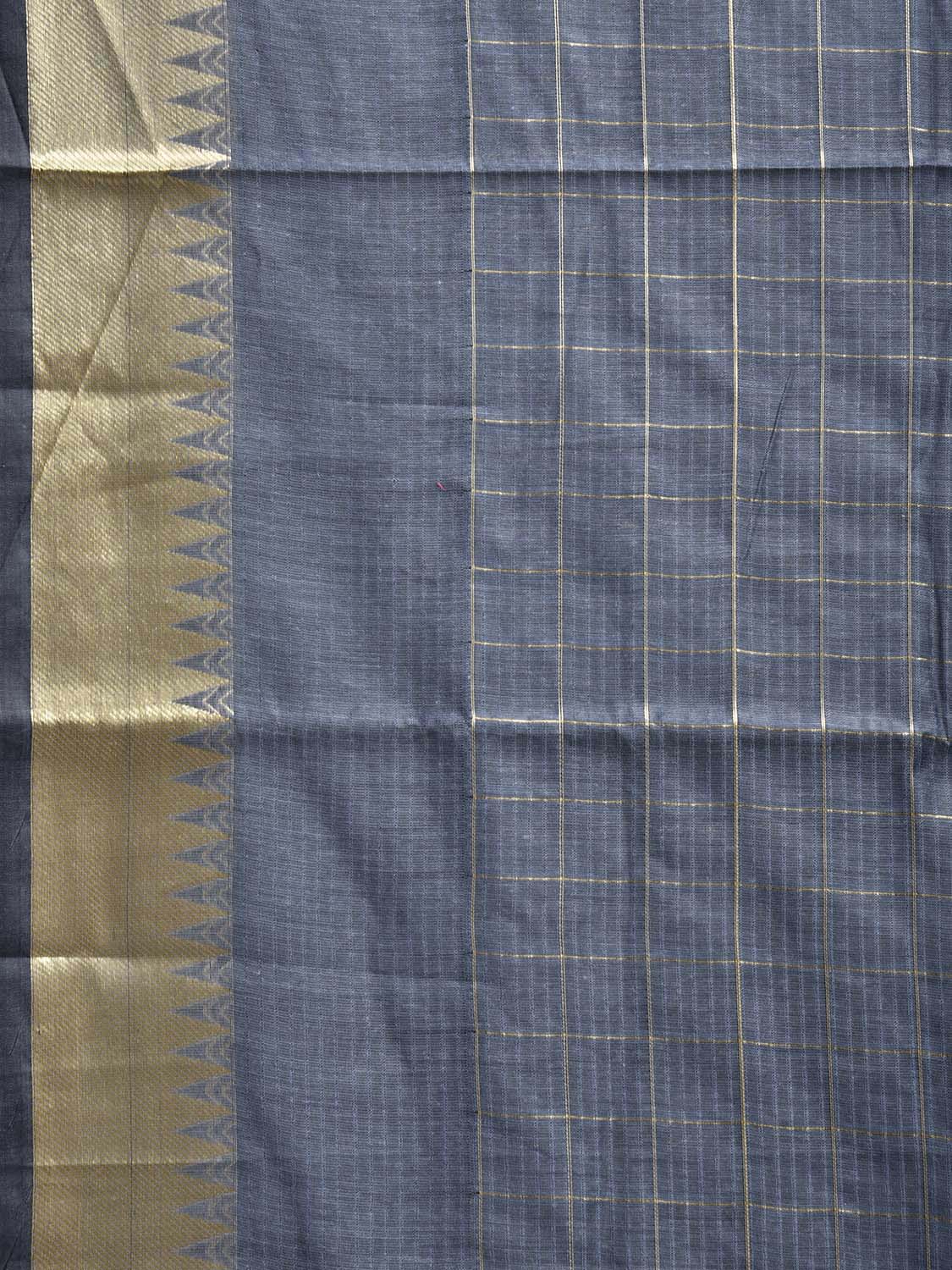 Grey Mangalgiri Cotton Handloom Saree with Checks and Temple Border Design mn0113