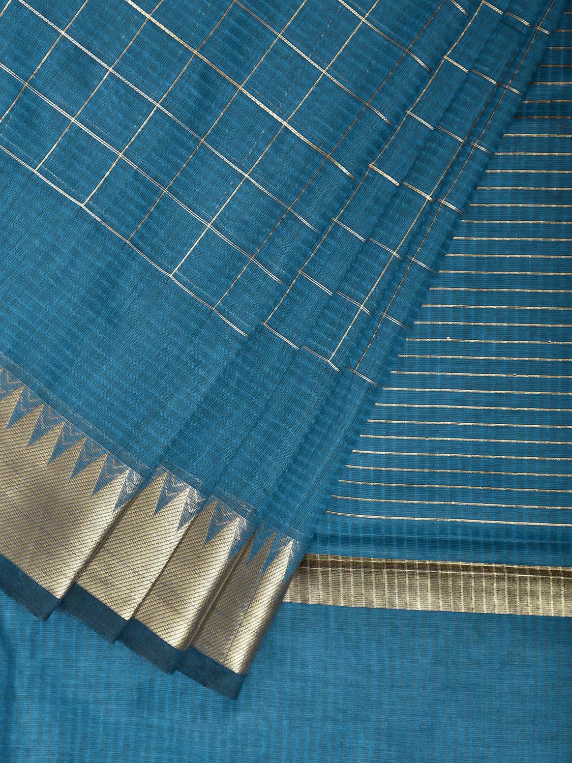 Blue Mangalgiri Cotton Handloom Saree with Checks and Temple Border Design mn0114