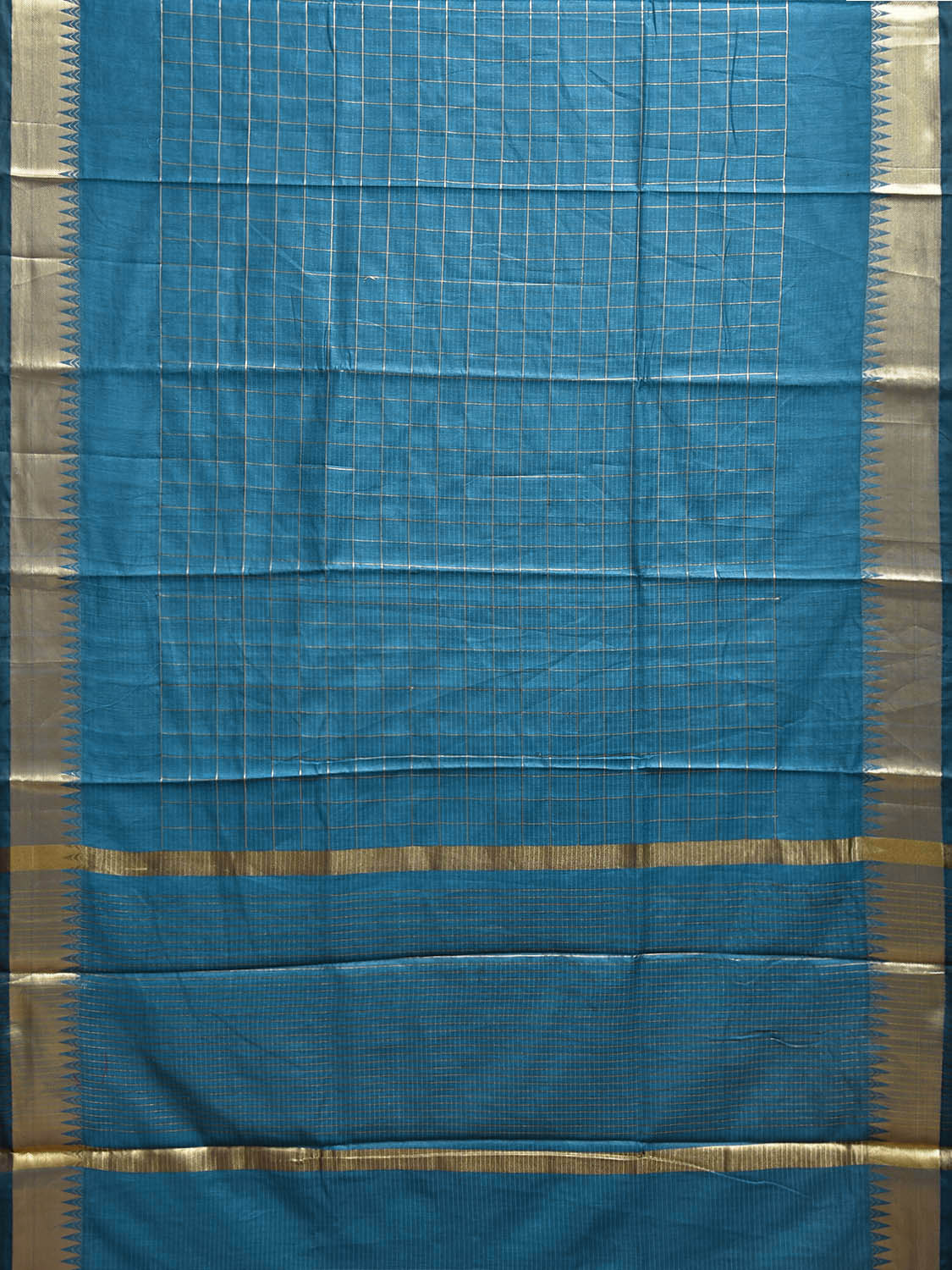 Blue Mangalgiri Cotton Handloom Saree with Checks and Temple Border Design mn0114