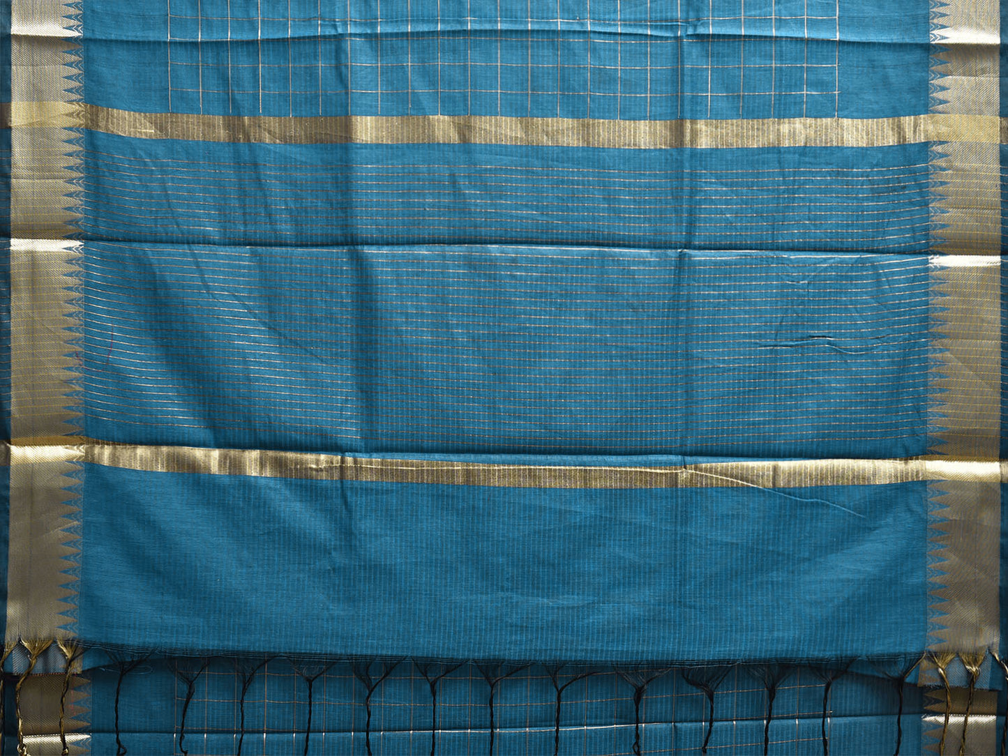 Blue Mangalgiri Cotton Handloom Saree with Checks and Temple Border Design mn0114