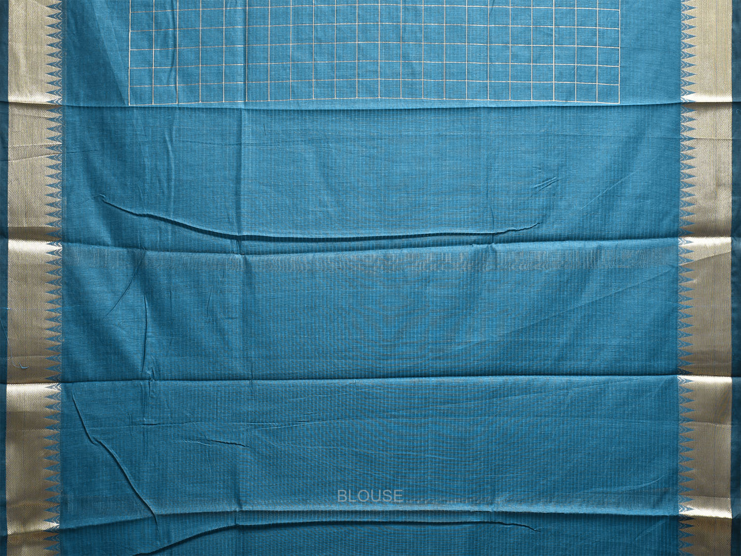 Blue Mangalgiri Cotton Handloom Saree with Checks and Temple Border Design mn0114