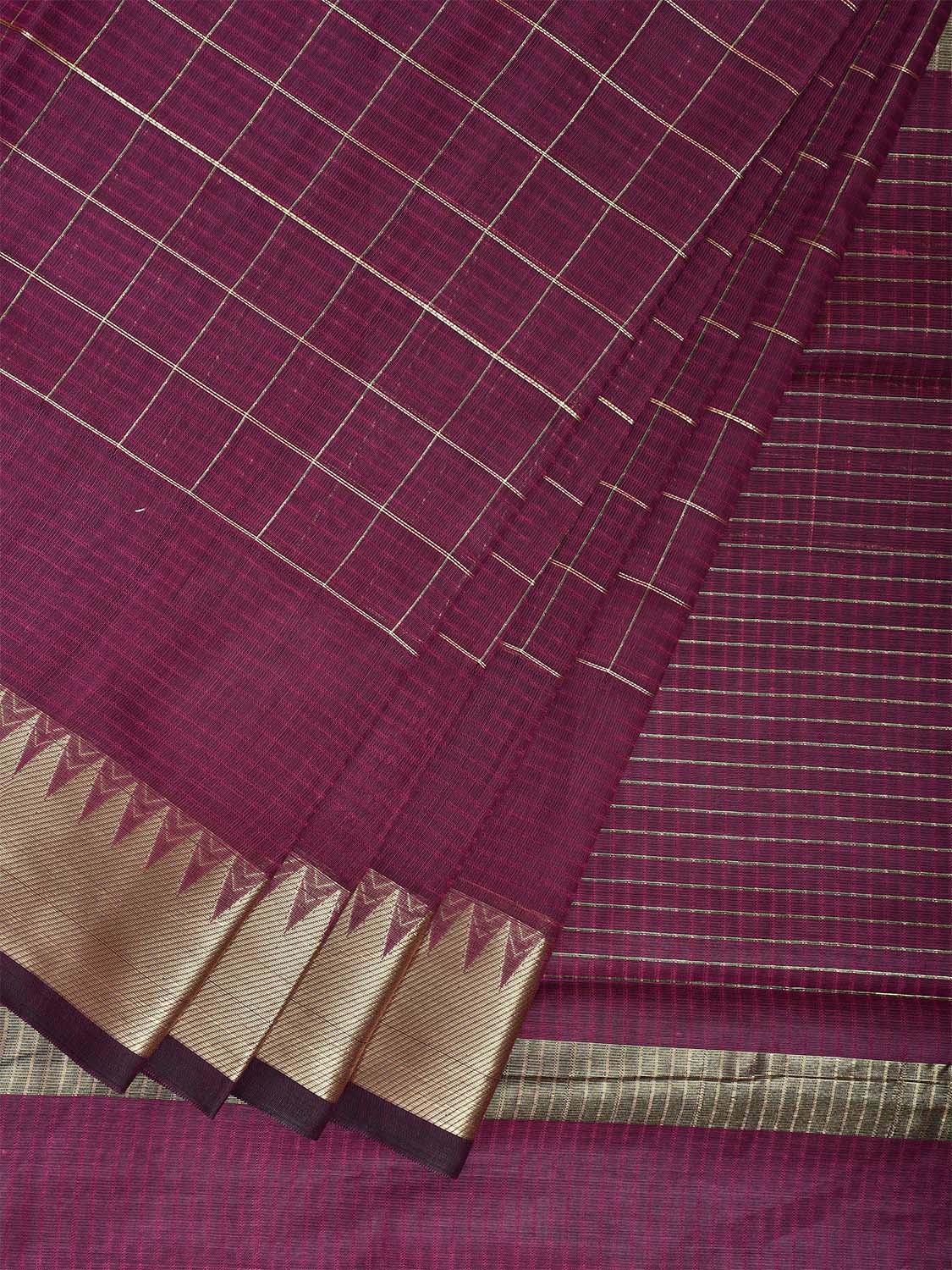 Purple Mangalgiri Cotton Handloom Saree with Checks and Temple Border Design mn0115