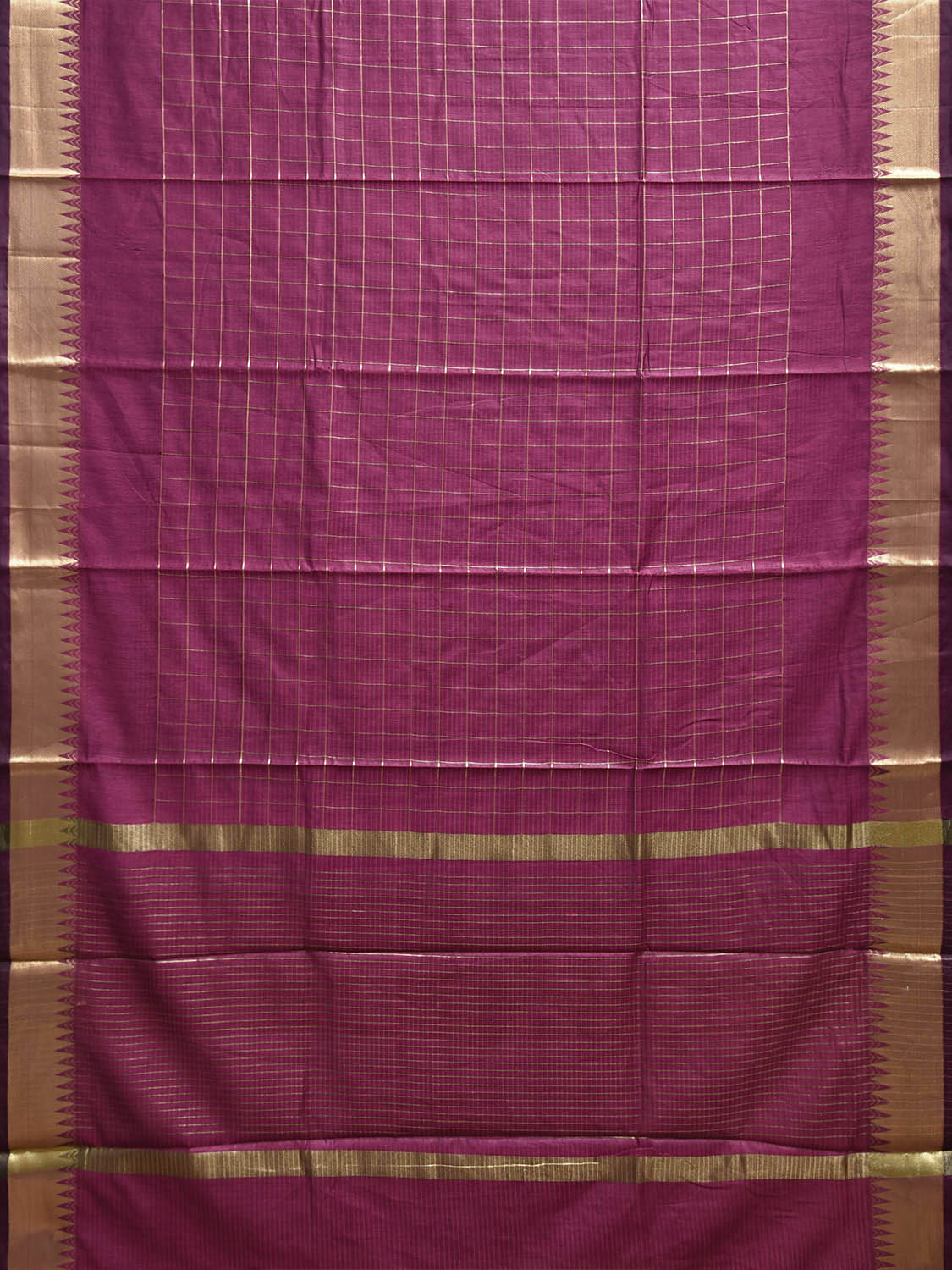 Purple Mangalgiri Cotton Handloom Saree with Checks and Temple Border Design mn0115