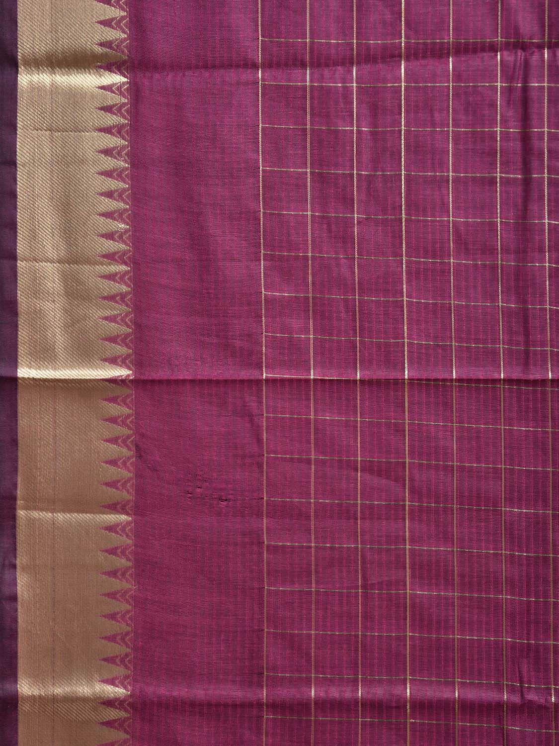 Purple Mangalgiri Cotton Handloom Saree with Checks and Temple Border Design mn0115