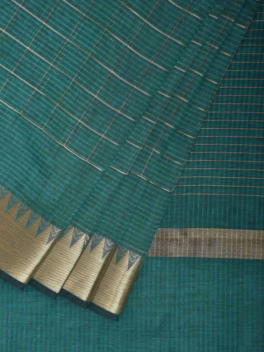 Green Mangalgiri Cotton Handloom Saree with Checks and Temple Border Design mn0116