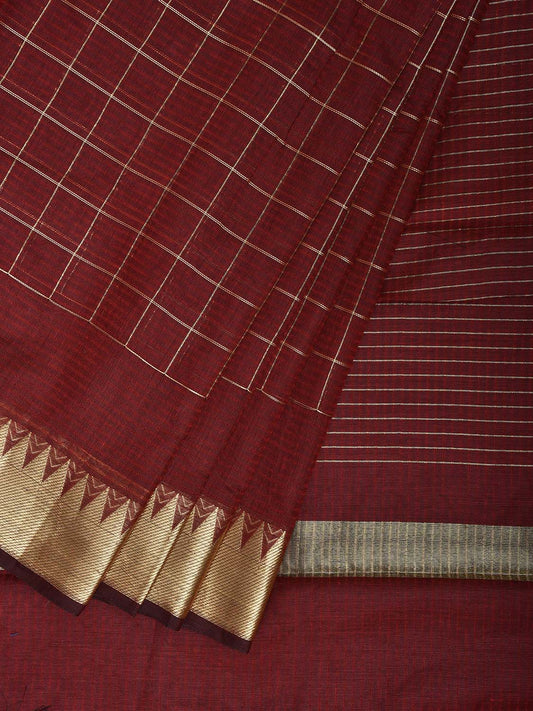 Red Mangalgiri Cotton Handloom Saree with Checks and Temple Border Design mn0117