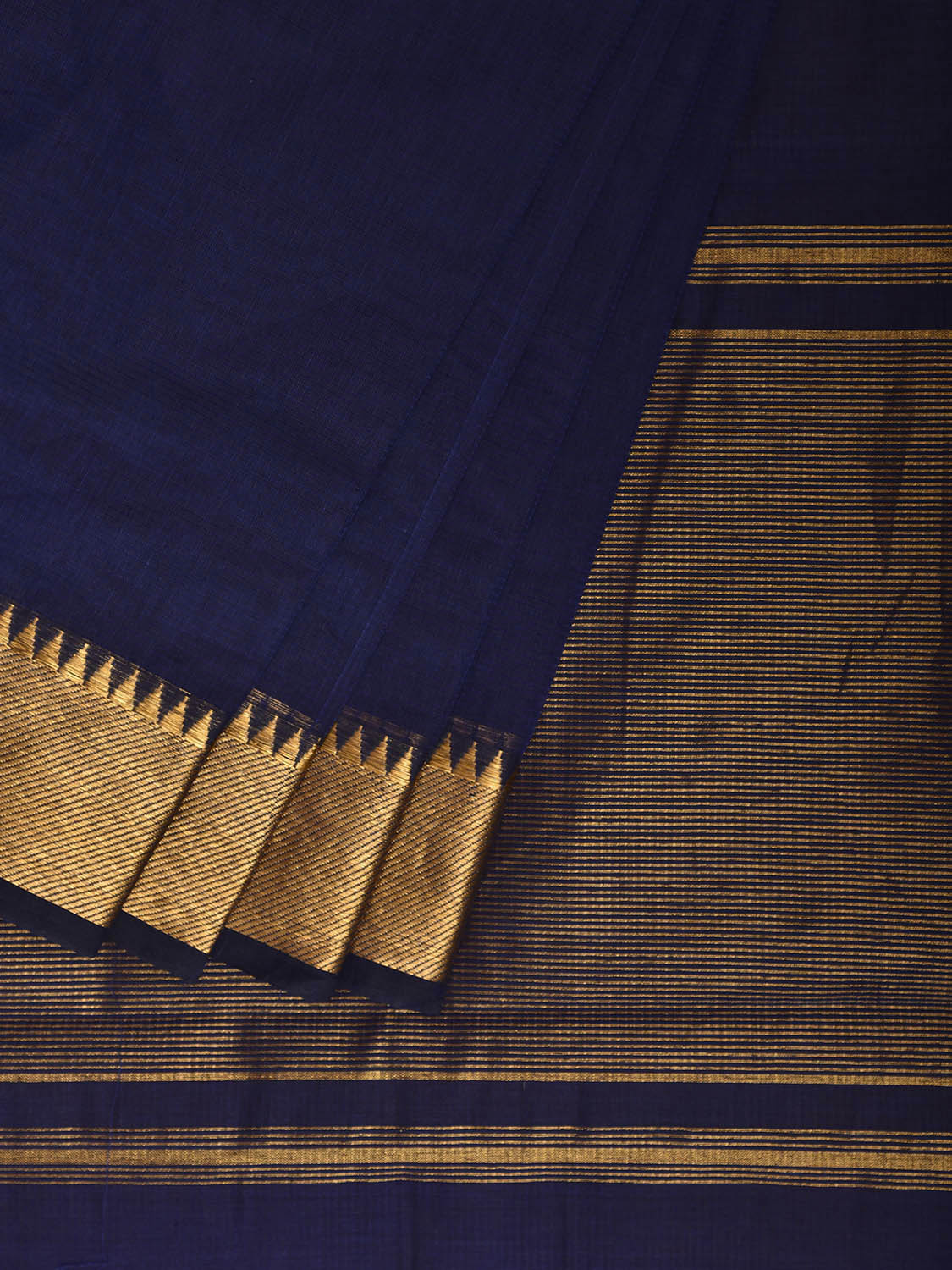 Dark Blue Mangalgiri Cotton Handloom Saree with Strips and Small Temple Border Design No Blouse mn0120