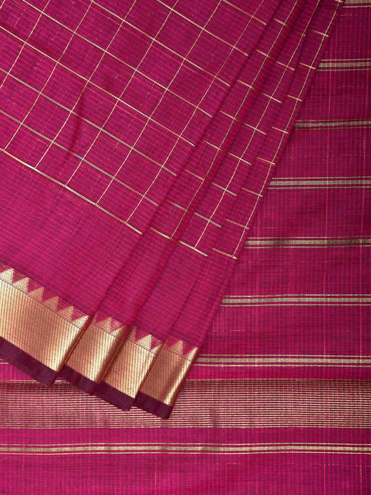 Magenta Mangalgiri Cotton Handloom Saree with Checks Design mn0127