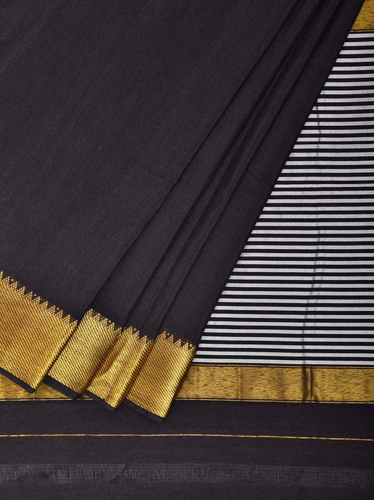 Black Mangalgiri Cotton Viscose Plain Saree with Strips Pallu Design mn0128