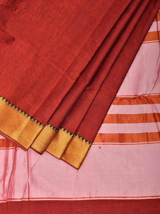 Dark Red Mangalgiri Cotton Viscose Plain Saree with Strips Pallu Design mn0130