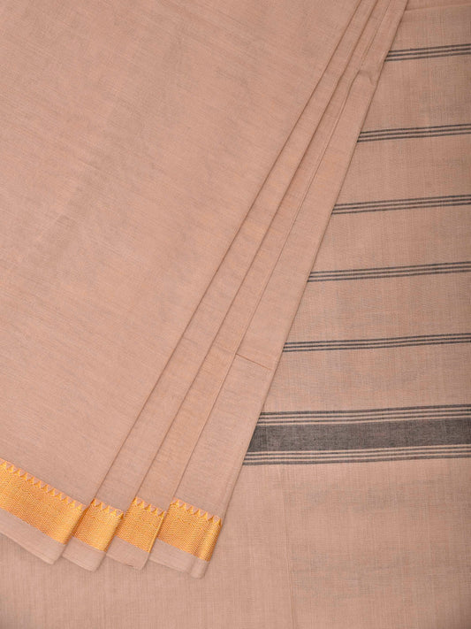 Cream Mangalgiri Cotton Handloom Plain Saree with Strips Pallu Design No Blouse mn0131
