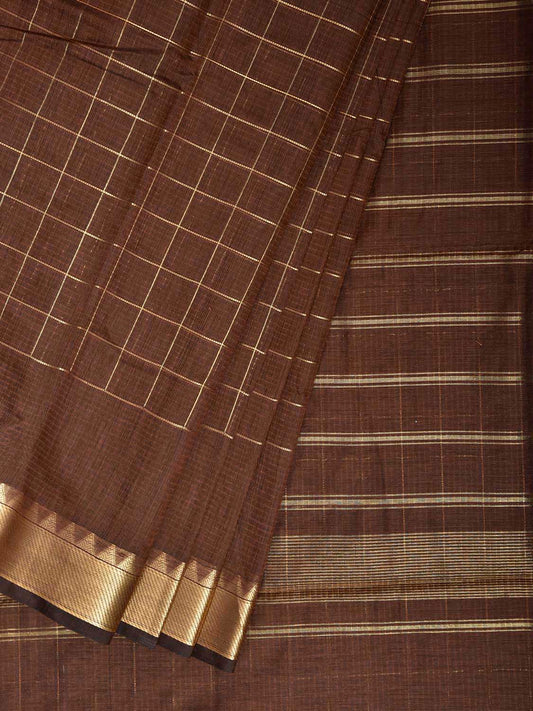 Brown Mangalgiri Cotton Viscose Saree with Big Checks Design mn0139