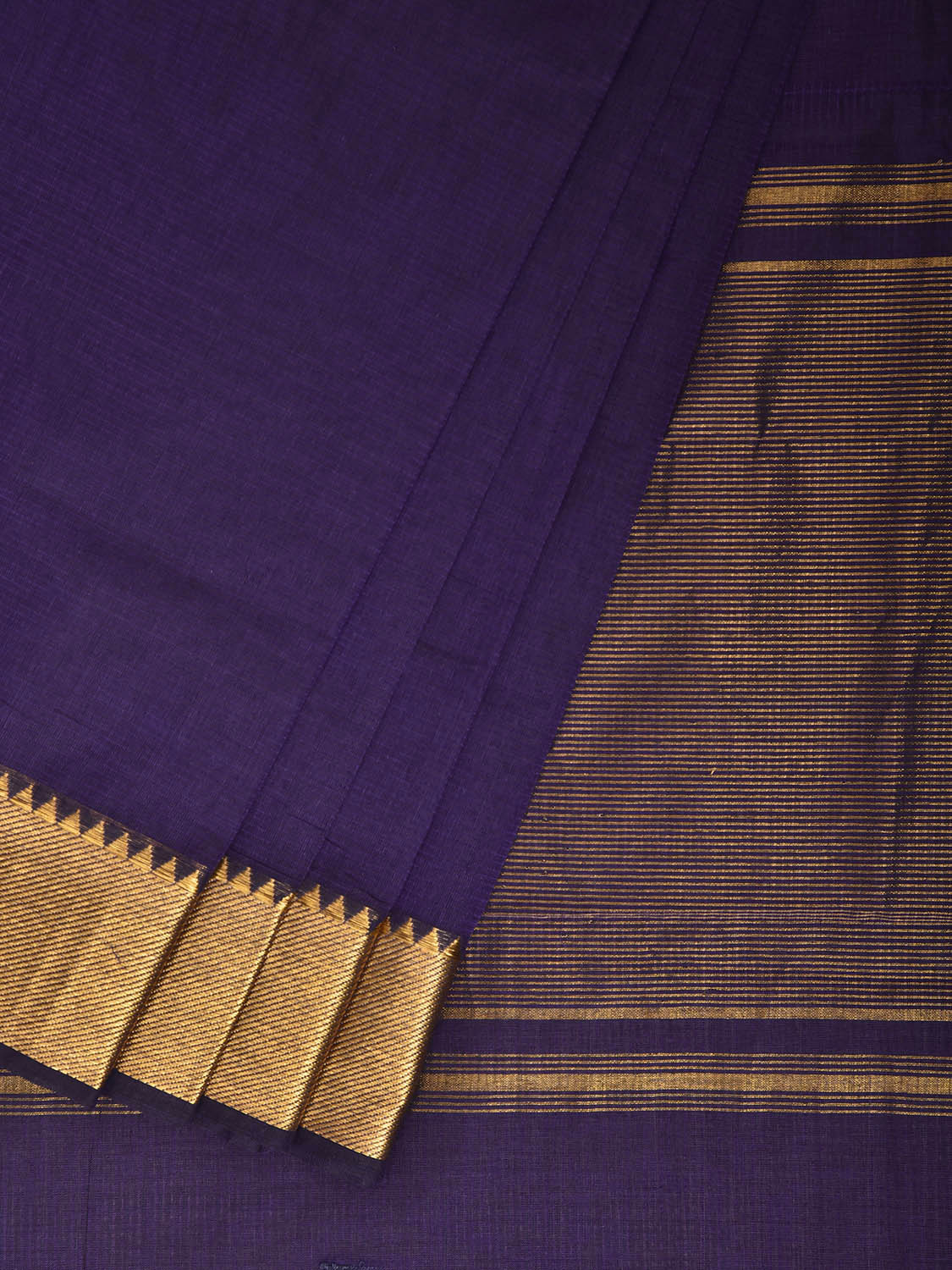 Indigo Mangalgiri Cotton Handloom Plain Saree with Strips Pallu Design No Blouse mn0141